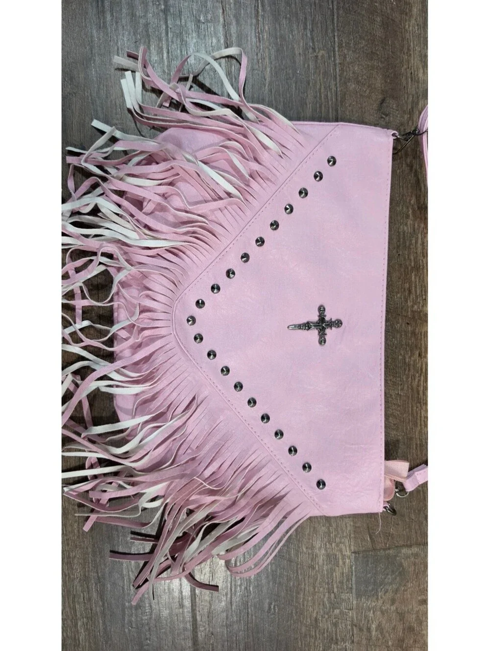 Pink Faux Leather Fringe Crossbody Bag with Studded Detail